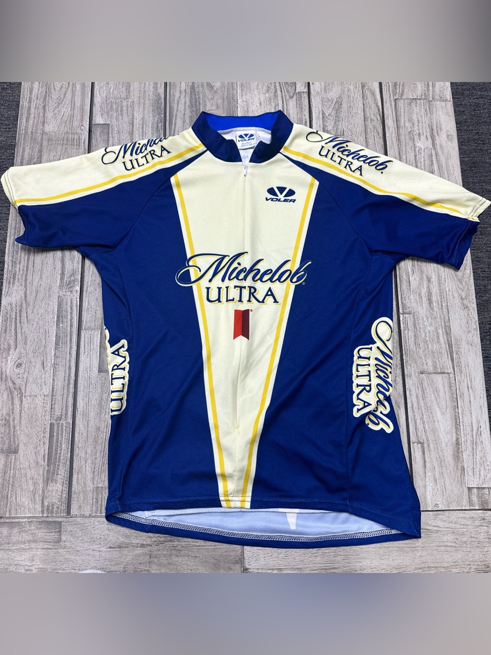 VTG Voler Michelob Ultra cycling jersey No Size Tag. Performance Blue Yellow USA